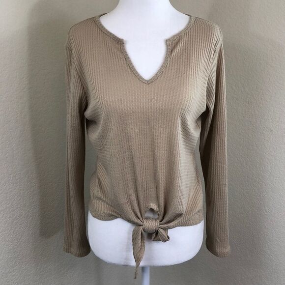 Pie In The Sky Tan Tie Front Long Sleeve Top Size M NWT - Picture 2 of 8